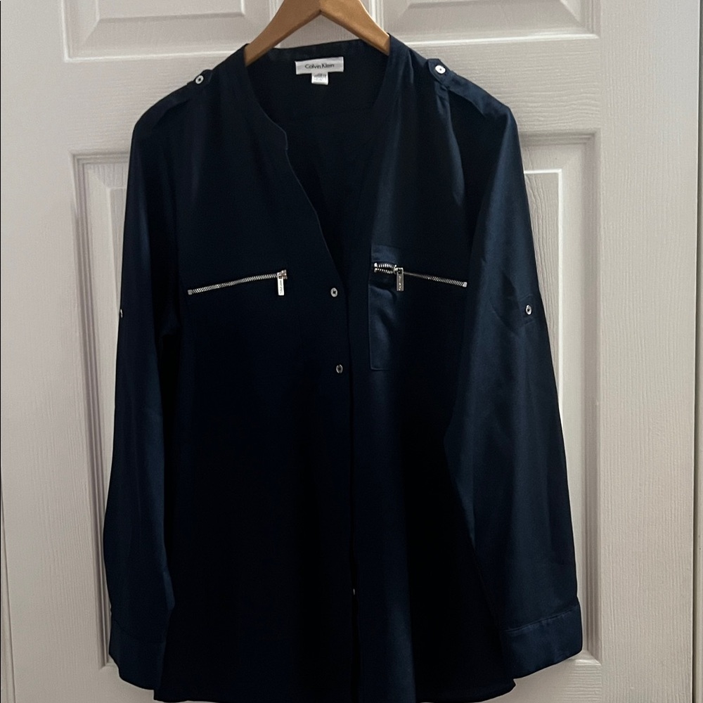 Calvin Klein Dark Blue Blouse with Silver Zipper Details